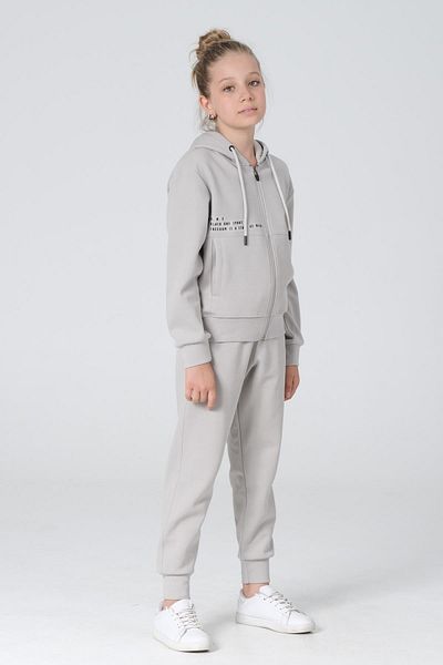Black One Girl's Steel Interlock Fabric Zippered Hooded Print Detailed Double Pocket Tracksuit Set