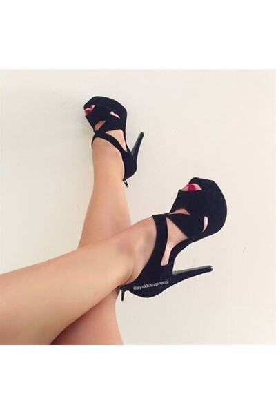 AYAKKABI PRENSİ 1840 Pantofi clasici cu toc cu platformă pentru femei, din piele intoarsa neagră, 15 cm