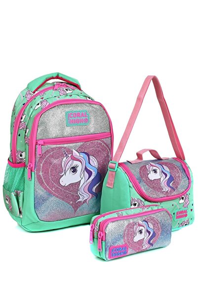 Coral High 23496 Su Yeşili Unicorn Desenli 3' Lü Okul Çantası Seti