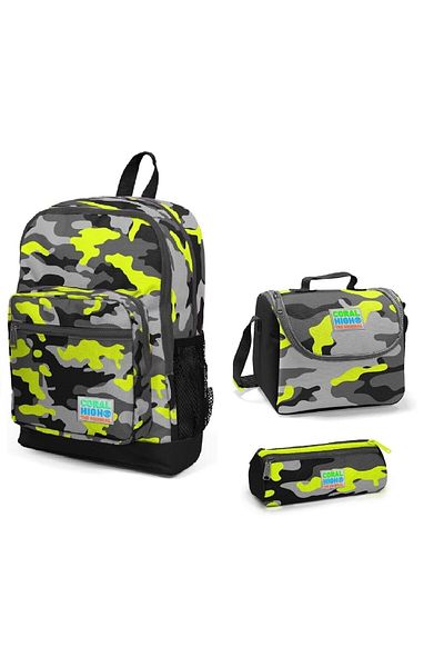 Coral High Kids Four Compartment Camouflage 3-Piece School Bag Set