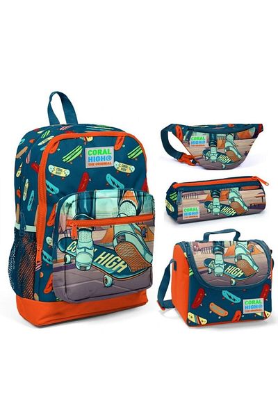 Coral High Set de 4 genți pentru școala primară pentru băieți - priză USB imprimată cu skateboard