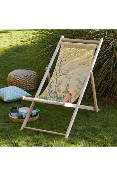 Adawall Renkli Çiçek Detaylı Katlanır Şezlong (Ahşap Fırınlanmış Gürgen Ağacı...