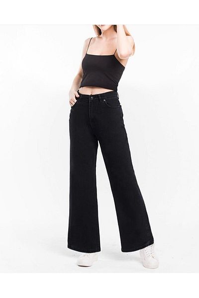 Trn JNS Pantaloni largi din lycra negru cu talie super înaltă, cu picior lat foarte înalt