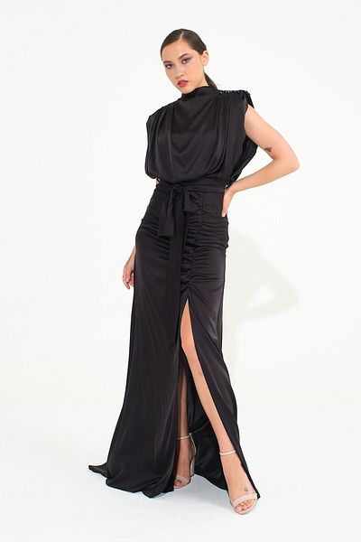 SpringStore Rochie de seară neagră cu decolteu cu mărgele pe umăr
