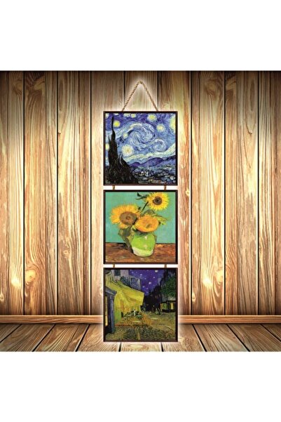 hazalshop Poster triplu retro din lemn, cu design Van Gogh, U269