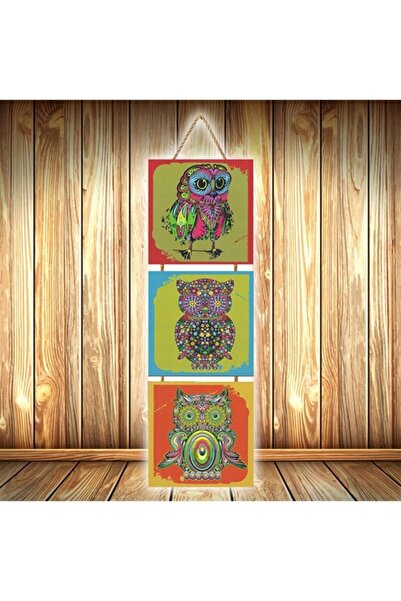hazalshop Τριπλή ρετρό ξύλινη αφίσα με σχέδιο κουκουβάγιας Ü557
