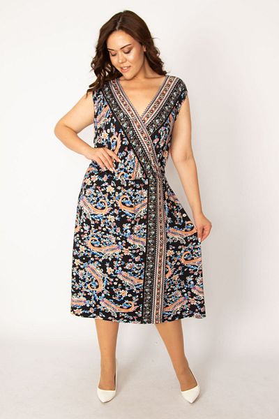 Şans Women's Large Size Colorful Shawl Pattern Closed Wrap Dress 65n33625