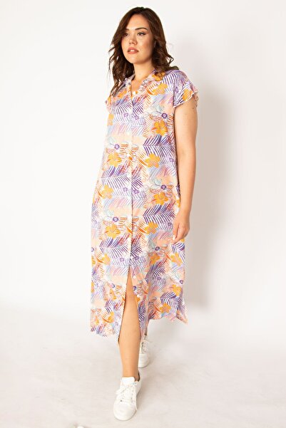 Şans Γυναικείο φόρεμα με γιακά με κουμπιά μπροστά, πολύχρωμο υφαντό ύφασμα βισκόζης 65n33879