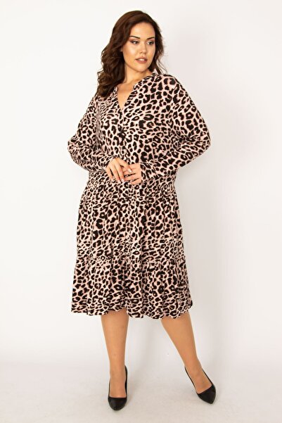 Şans Women's Large Size Brown V-Neck Front Patchwork Half Buttoned Waist Gathered Long Sleeve Dress 65n33705