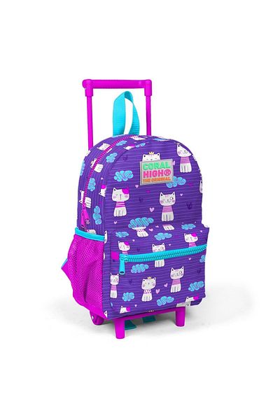 Coral High Rucsac pentru copii, mov, roz, cu model de pisică, cu două compartimente, cu carnet de verificare și rucsac pentru stilou cu trei compartimente