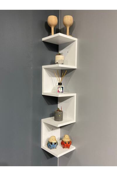 Bicabin Dekoratif Ahşap Modern Zigzag Köşe Duvar Rafı Organizer Beyaz