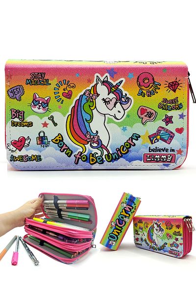 Limmy Μολυβοθήκη Unicorn Pink Cool Style Kawai Organizer Θήκη για στυλό Τριών θέσεων