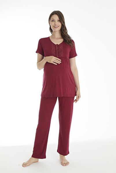 Miss Dünya Lissa Claret Red Lace Detailed Maternity and Pregnant Pajamas Set with Dressing Gown