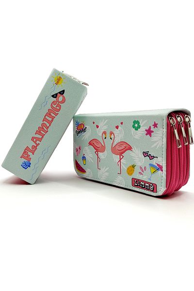 Limmy Double Flamingo Patterned Modelist Pencil Case Pen Box Vegan Leather Three Compartment Pen Holder