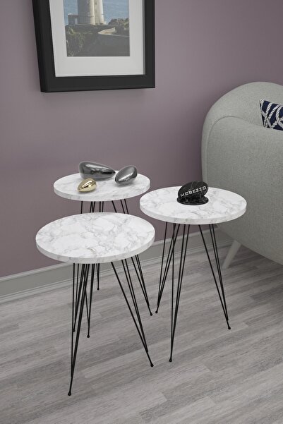 Mobezzo 3’lü Zigon Sehpa Takımı | Siyah Metal Ayaklı Modern Yan Sehpa | Salon Dekoru Beyaz Mermer