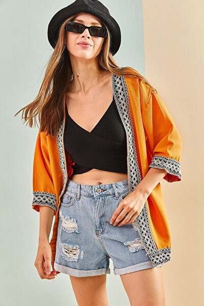 ESCBUTİK Kimono de in pentru damă cu dungi brodate