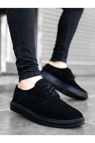 İwie Lace-Up Suede Classic Black High Sole Casual Men's Shoes Ba0003