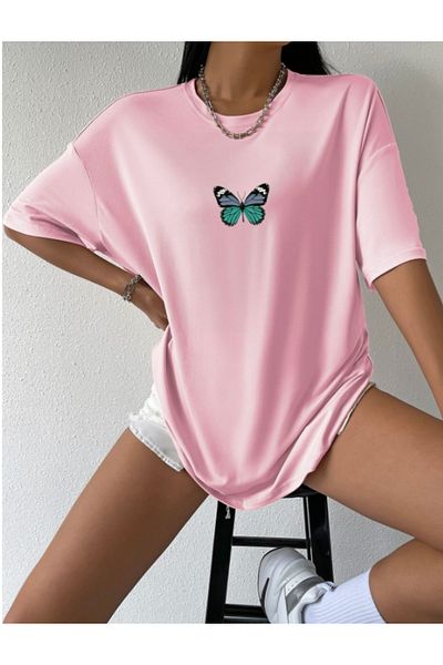 AFROGİYİM Tricou supradimensionat pentru damă, roz, verde, imprimat cu fluturi