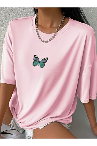 AFROGİYİM Γυναικείο μπλουζάκι Oversize με στάμπα ροζ πράσινη πεταλούδα