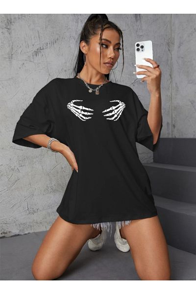 AFROGİYİM Tricou oversize imprimat manual cu schelet negru de damă