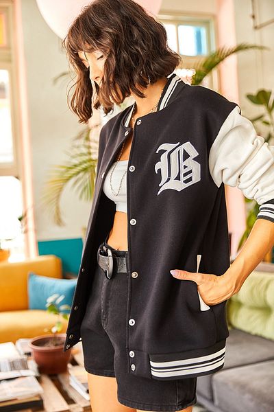 Olalook Woman's White-Black Letter Applique Pocketed 3 Rope Raised Oversize College Jacket CKT-19000307