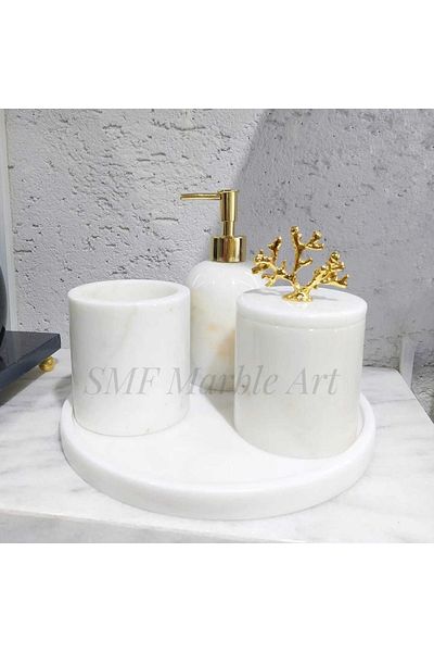 Sümeyra Marble Art White Golden - Natural Marble Bathroom Set | 4 Pieces | Gold |