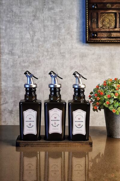 KHAKMA Black Amber 3-Piece Italian Olive Oil Bottle with Wooden Stand Oil Pot Oil Bowl New Year's Eve