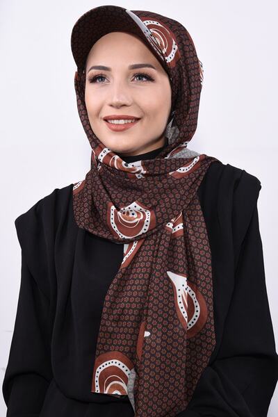 Nowa Scarf Şapkalı Desenli Şal Kahveli