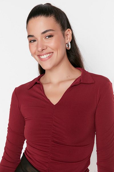 Trendyol Collection Claret Red Slim Gathered Polo Neck Flexible Knitted Blouse TWOAW23BZ00249