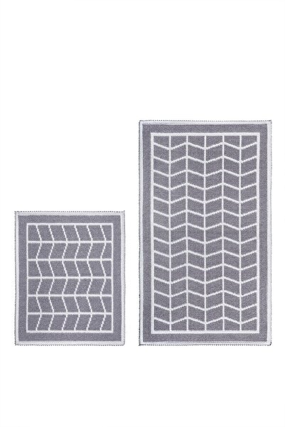 Bluenity Baklava Doğal Pamuklu 2'li Banyo Kilim Seti 60x100 50x60 Cm Gri