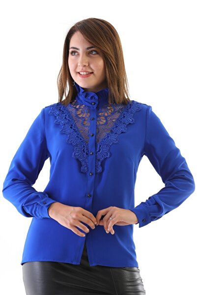 Loom Boutique Kadın Büyük Beden Floş Dantelli Abiye Kumaşından Gömlek G0026