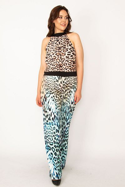 Şans Women's Plus Size Colorful Halter Neck Wide Leg Jumpsuit 65n33573