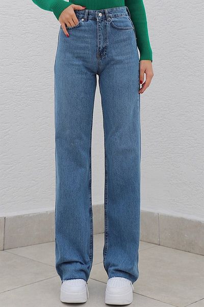 Trn JNS Pantaloni Palazzo de blugi largi din lycra albastru mediu cu talie super inalta