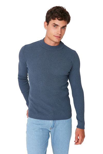 Trendyol Collection Svetr Indigo se šňůrou - Poloviční rolák, Bavlna, Slim Fit Tmnaw21Kz0568