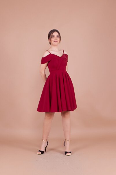 Bidoluelbise Kadın Askılı Düşük Omuz Detay Pileli Mini Boy Elbise