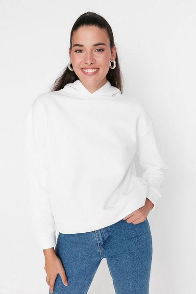 Trendyol Collection Λευκό Πλεκτό φούτερ με κανονική/κανονική εφαρμογή, με χοντρό φλις εσωτερικά με κουκούλα