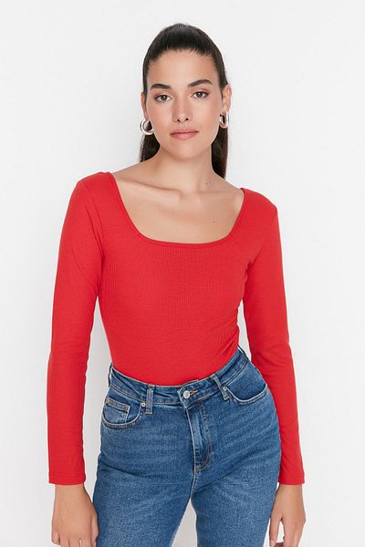Trendyol Collection Piros gallér, hosszú ujjú bordázott, rugalmas, pattintható kötött test TWOAW21BD0022