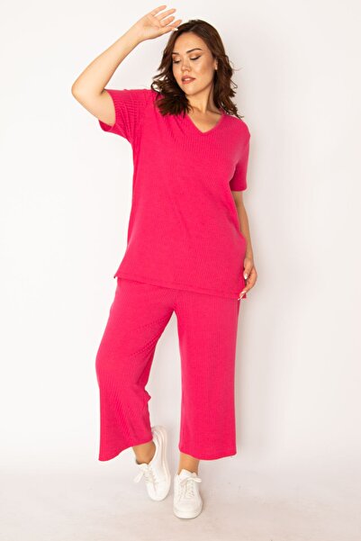 Şans Women's Fuchsia Camisole Knitted Elastic Waist Wide Leg Trousers V-Neck Blouse Suit 65n32939
