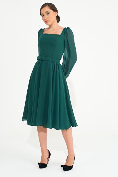 SpringStore Zümrüt Kare Yaka Şifon Abiye