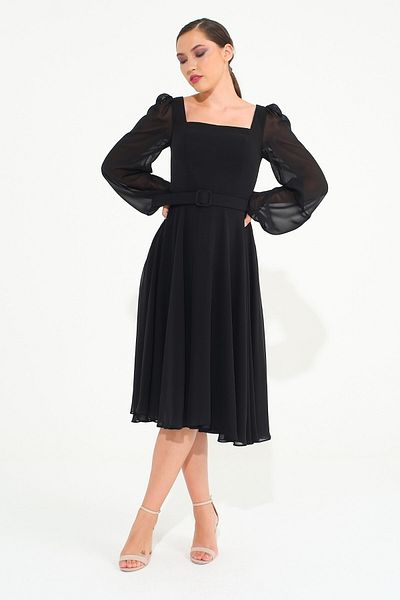 SpringStore Rochie de seara din sifon cu decolteu patrat negru