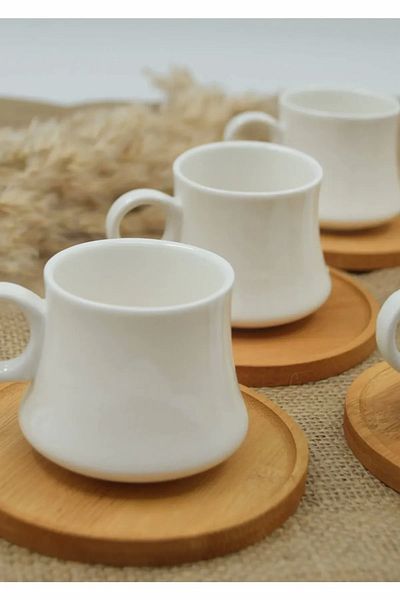 Paçi Porcelain Cup with Bamboo Plate Set of 6