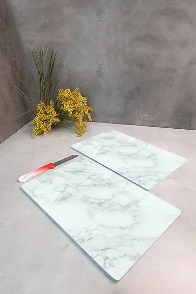 Decorita Set of 2 Classic Marble Look Glass Cutting Board and Table - 20cm X 30cm