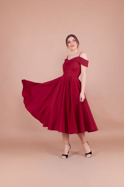 Bidoluelbise Women's Strappy Off-Shoulder Detail Pleated Midi Dress