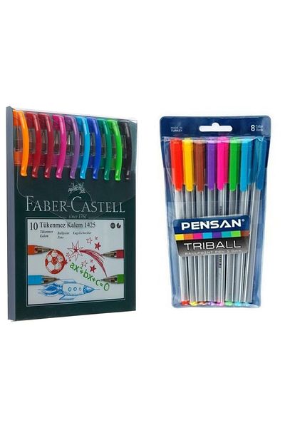 Faber Castell 1425 10-Piece Colored Ballpoint Pen + Pensan Tribal 8-Piece Ballpoint Pen
