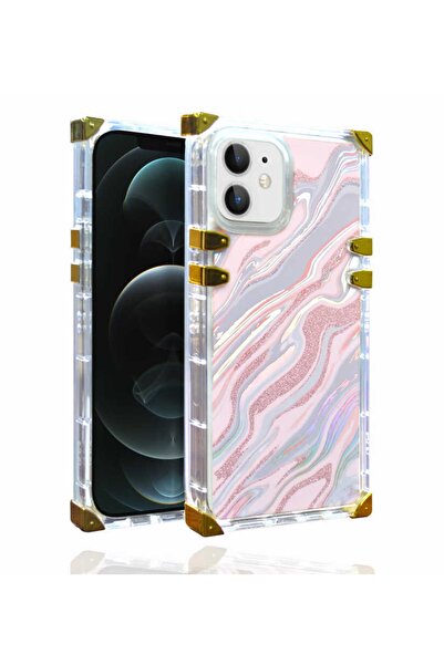 Apple Iphone 12 Compatible Case Ebru Pattern Shiny Stylish Airbag Color Cover Ples