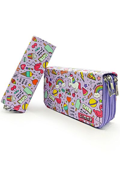 Limmy Μολυβοθήκη Unicorn-flamingo Kawai Organizer Μολυβοθήκη Vegan Δερμάτινη θήκη για στυλό τριών διαμερισμάτων -μωβ