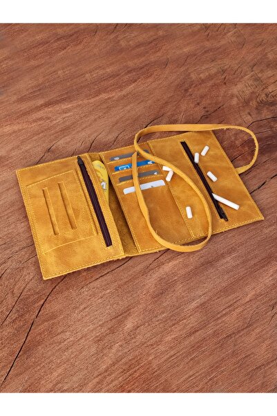 bouscrab Tütün Kesesi Cüzdan Tütün Çantası Kartlıklı %100 Hakiki Deri Sarı