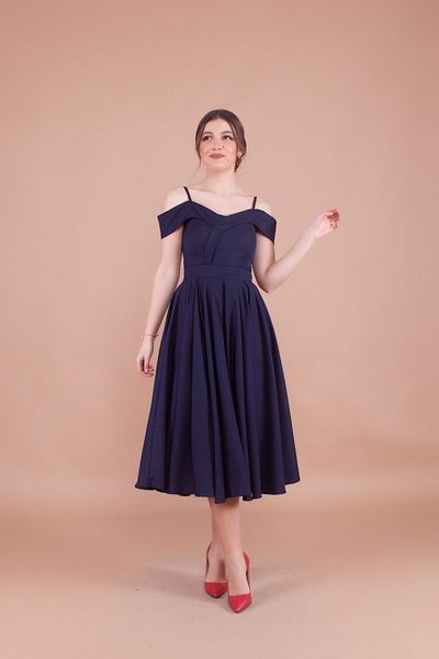 Bidoluelbise Women's Strappy Off-Shoulder Detail Pleated Midi Dress