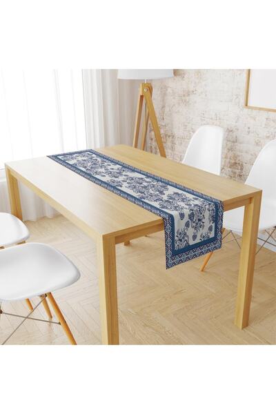 Adawall عداء الزهور الزرقاء 140x45 سم - زهور زرقاء، كتان رقيق، شهادة عالمية ل...