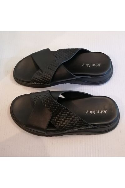 John May Unisex Genuine Leather Black Knit Print Combination Cross Band Rubber Sole Slippers